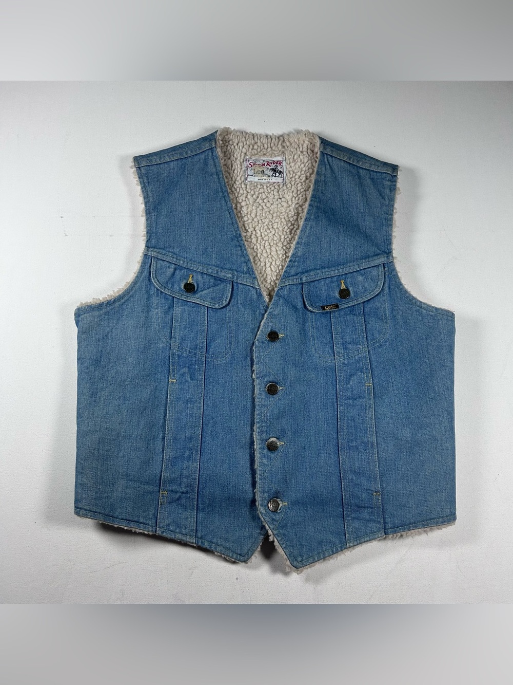Vintage Lee Storm Rider Sherpa Lined Denim Vest USA Made Large M.R. Lee 70s